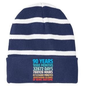 90 Years Of Being Awesome 90th Birthday Time Breakdown Striped Beanie with Solid Band