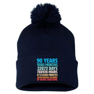 90 Years Of Being Awesome 90th Birthday Time Breakdown Pom Pom 12in Knit Beanie