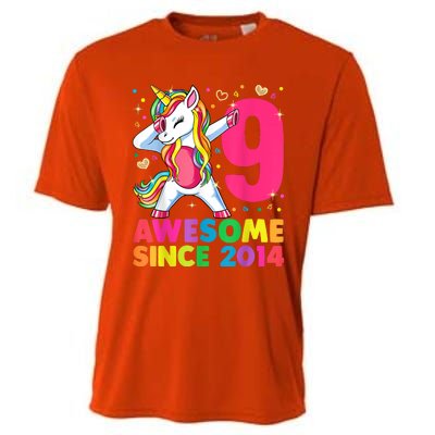 9 Years Old Unicorn Dabbing 9th Birthday Girl Unicorn Party T Cooling Performance Crew T-Shirt