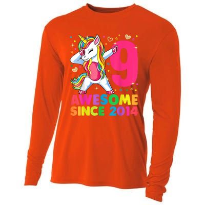 9 Years Old Unicorn Dabbing 9th Birthday Girl Unicorn Party T Cooling Performance Long Sleeve Crew