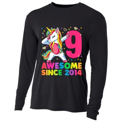 9 Years Old Unicorn Dabbing 9th Birthday Girl Unicorn Party T Cooling Performance Long Sleeve Crew