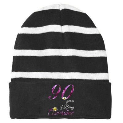 90 Year Old Shirt Awesome Floral 1933 90th Birthday Gift Striped Beanie with Solid Band