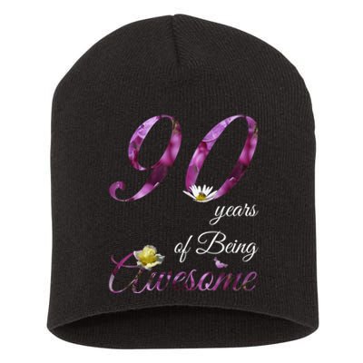 90 Year Old Shirt Awesome Floral 1933 90th Birthday Gift Short Acrylic Beanie