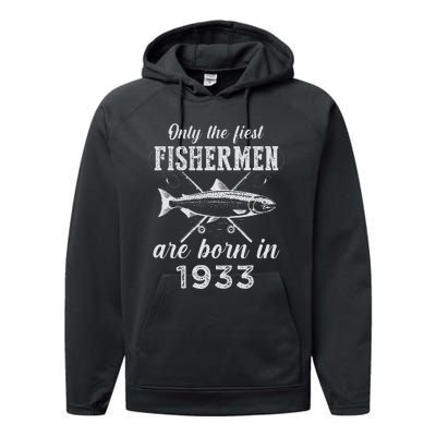 90 Year Old Fisherman Fishing Born In 1933 90th Birthday Performance Fleece Hoodie