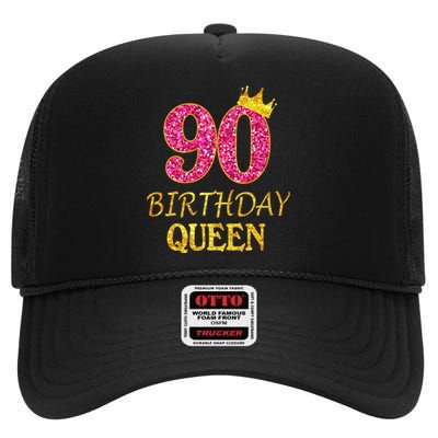 90 Years Old Birthday Queen  Shirt 90th Birthday Pink High Crown Mesh Back Trucker Hat