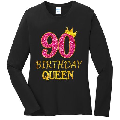 90 Years Old Birthday Queen  Shirt 90th Birthday Pink Ladies Long Sleeve Shirt