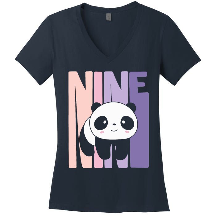 9 Year Old Cute Panda Birthday Girl 9th Bday Women's V-Neck T-Shirt