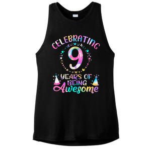 9 Years Of Being Awesome 9 Years Old 9th Birthday Tie Dye Ladies PosiCharge Tri-Blend Wicking Tank