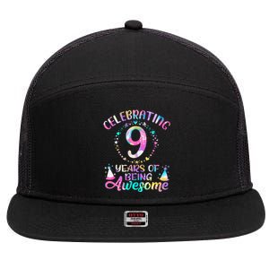 9 Years Of Being Awesome 9 Years Old 9th Birthday Tie Dye 7 Panel Mesh Trucker Snapback Hat