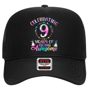 9 Years Of Being Awesome 9 Years Old 9th Birthday Tie Dye High Crown Mesh Back Trucker Hat