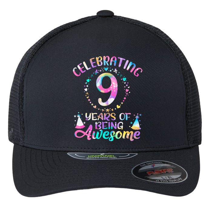 9 Years Of Being Awesome 9 Years Old 9th Birthday Tie Dye Flexfit Unipanel Trucker Cap