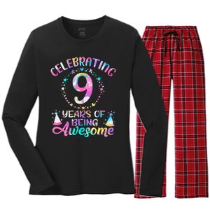 9 Years Of Being Awesome 9 Years Old 9th Birthday Tie Dye Women's Long Sleeve Flannel Pajama Set 