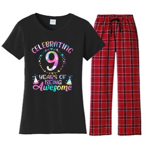 9 Years Of Being Awesome 9 Years Old 9th Birthday Tie Dye Women's Flannel Pajama Set