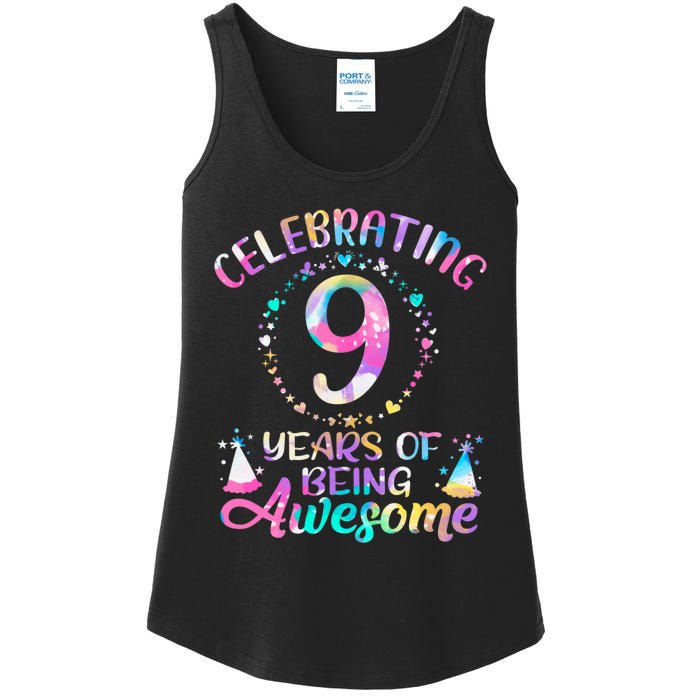 9 Years Of Being Awesome 9 Years Old 9th Birthday Tie Dye Ladies Essential Tank