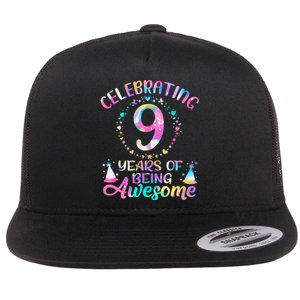 9 Years Of Being Awesome 9 Years Old 9th Birthday Tie Dye Flat Bill Trucker Hat