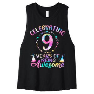 9 Years Of Being Awesome 9 Years Old 9th Birthday Tie Dye Women's Racerback Cropped Tank