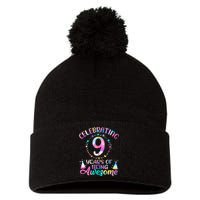 9 Years Of Being Awesome 9 Years Old 9th Birthday Tie Dye Pom Pom 12in Knit Beanie