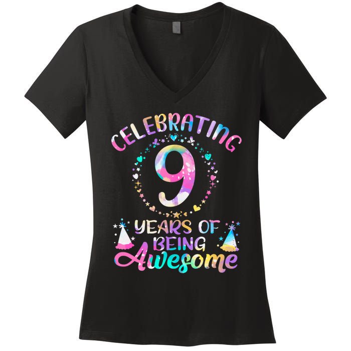 9 Years Of Being Awesome 9 Years Old 9th Birthday Tie Dye Women's V-Neck T-Shirt