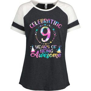 9 Years Of Being Awesome 9 Years Old 9th Birthday Tie Dye Enza Ladies Jersey Colorblock Tee