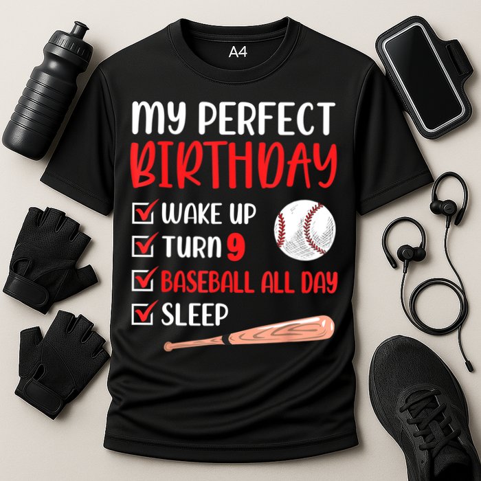 9 Year Old Baseball Birthday Party 9th Boy Nine Player Cooling Performance Crew T-Shirt