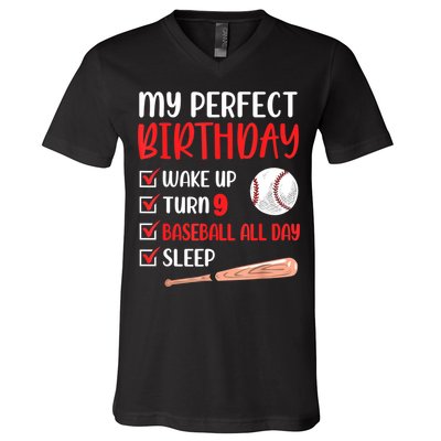 9 Year Old Baseball Birthday Party 9th Boy Nine Player V-Neck T-Shirt
