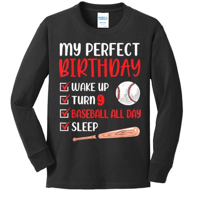 9 Year Old Baseball Birthday Party 9th Boy Nine Player Kids Long Sleeve Shirt
