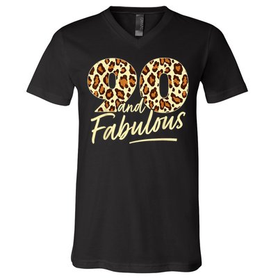90 Year Woman Leopard Fabulous 90th Birthday V-Neck T-Shirt