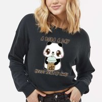 A Boba A Day Keeps The Reality Away Cute Panda Cropped Pullover Crew