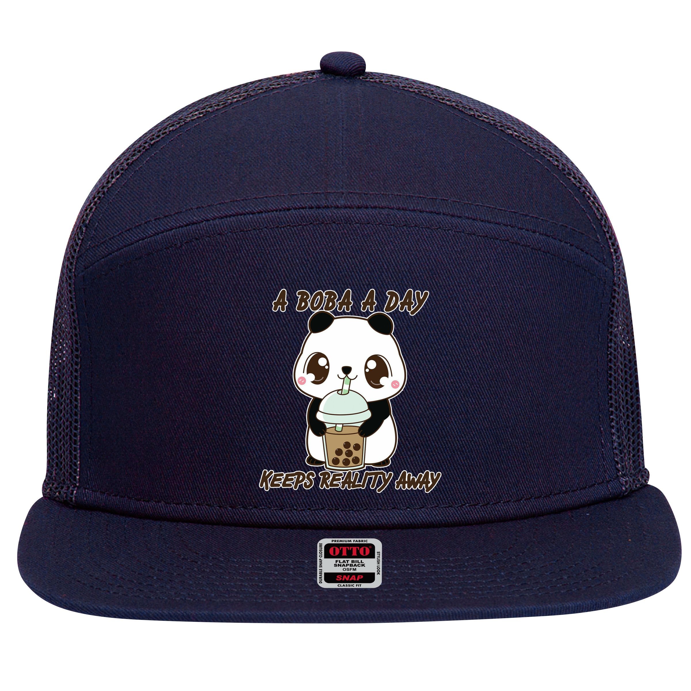A Boba A Day Keeps The Reality Away Cute Panda 7 Panel Mesh Trucker Snapback Hat