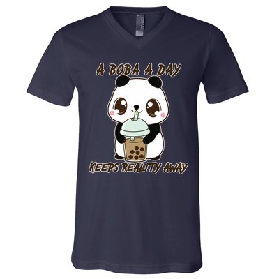 A Boba A Day Keeps The Reality Away Cute Panda V-Neck T-Shirt