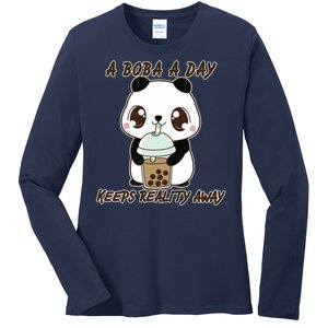 A Boba A Day Keeps The Reality Away Cute Panda Ladies Long Sleeve Shirt