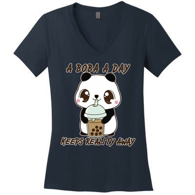 A Boba A Day Keeps The Reality Away Cute Panda Women's V-Neck T-Shirt