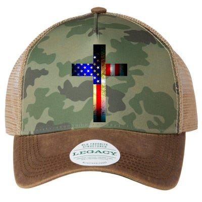 A christian cross comprised of the American Flag Legacy Tie Dye Trucker Hat