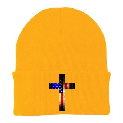 A christian cross comprised of the American Flag Knit Cap Winter Beanie