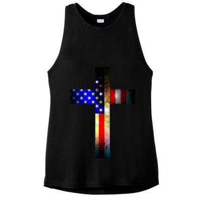 A christian cross comprised of the American Flag Ladies PosiCharge Tri-Blend Wicking Tank