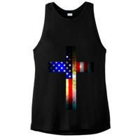 A christian cross comprised of the American Flag Ladies PosiCharge Tri-Blend Wicking Tank