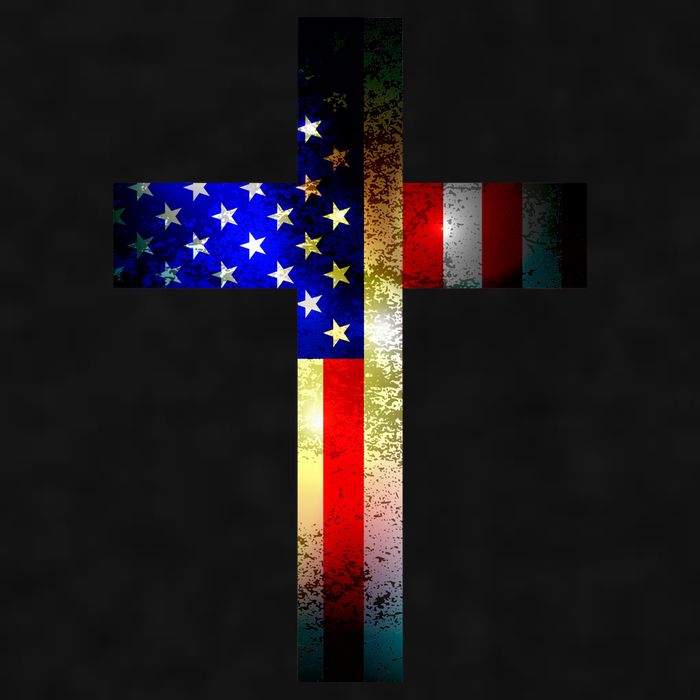 A christian cross comprised of the American Flag Ladies PosiCharge Tri-Blend Wicking Tank