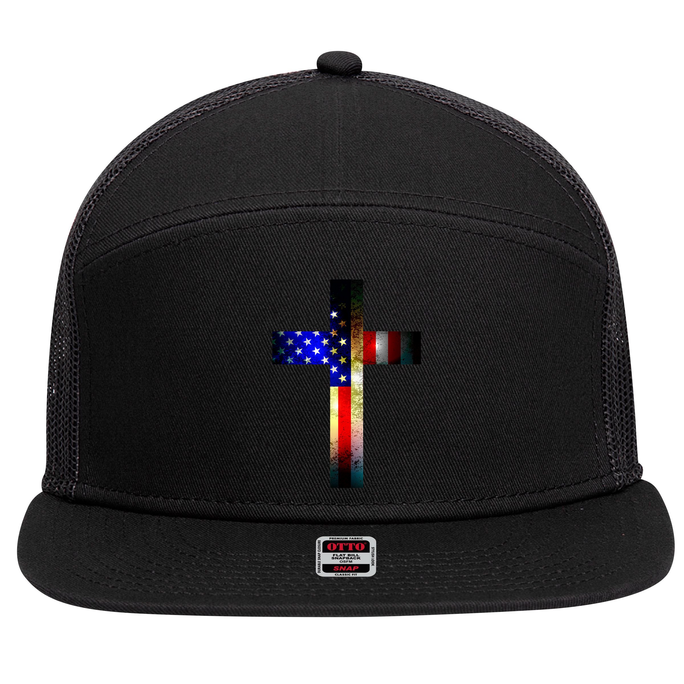 A christian cross comprised of the American Flag 7 Panel Mesh Trucker Snapback Hat