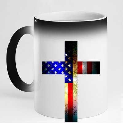 A christian cross comprised of the American Flag 11oz Black Color Changing Mug