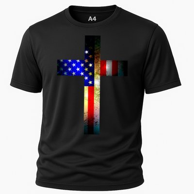 A christian cross comprised of the American Flag Performance Shirt