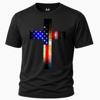 A christian cross comprised of the American Flag Performance Shirt