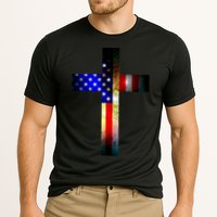 A christian cross comprised of the American Flag Performance Shirt