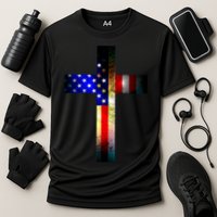 A christian cross comprised of the American Flag Performance Shirt