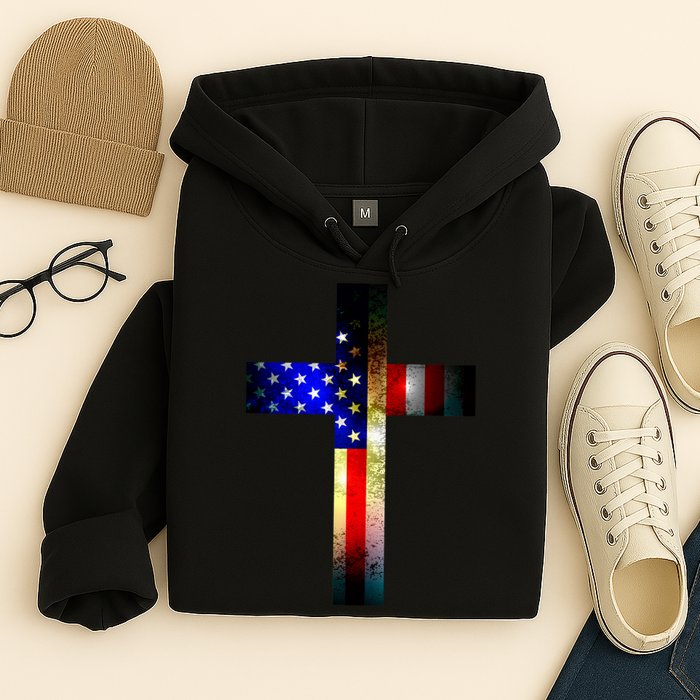 A christian cross comprised of the American Flag Hoodie