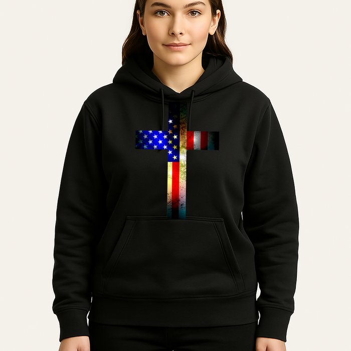 A christian cross comprised of the American Flag Hoodie