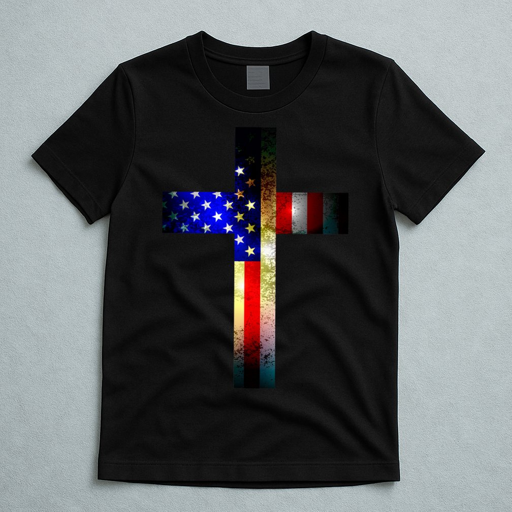 A christian cross comprised of the American Flag T-Shirt