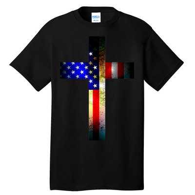 A christian cross comprised of the American Flag Tall T-Shirt