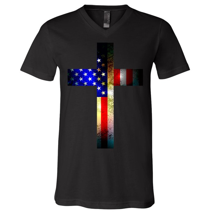 A christian cross comprised of the American Flag V-Neck T-Shirt