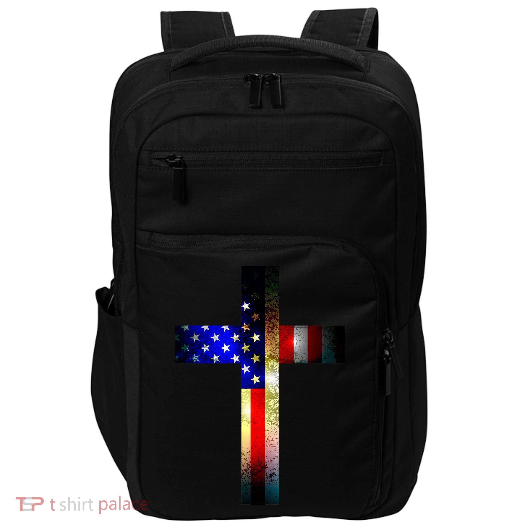 A christian cross comprised of the American Flag Impact Tech Backpack