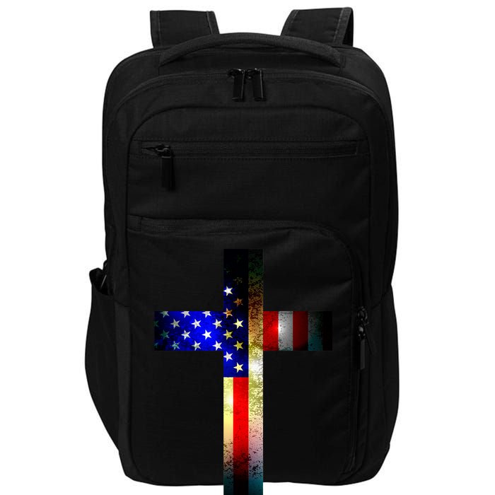 A christian cross comprised of the American Flag Impact Tech Backpack